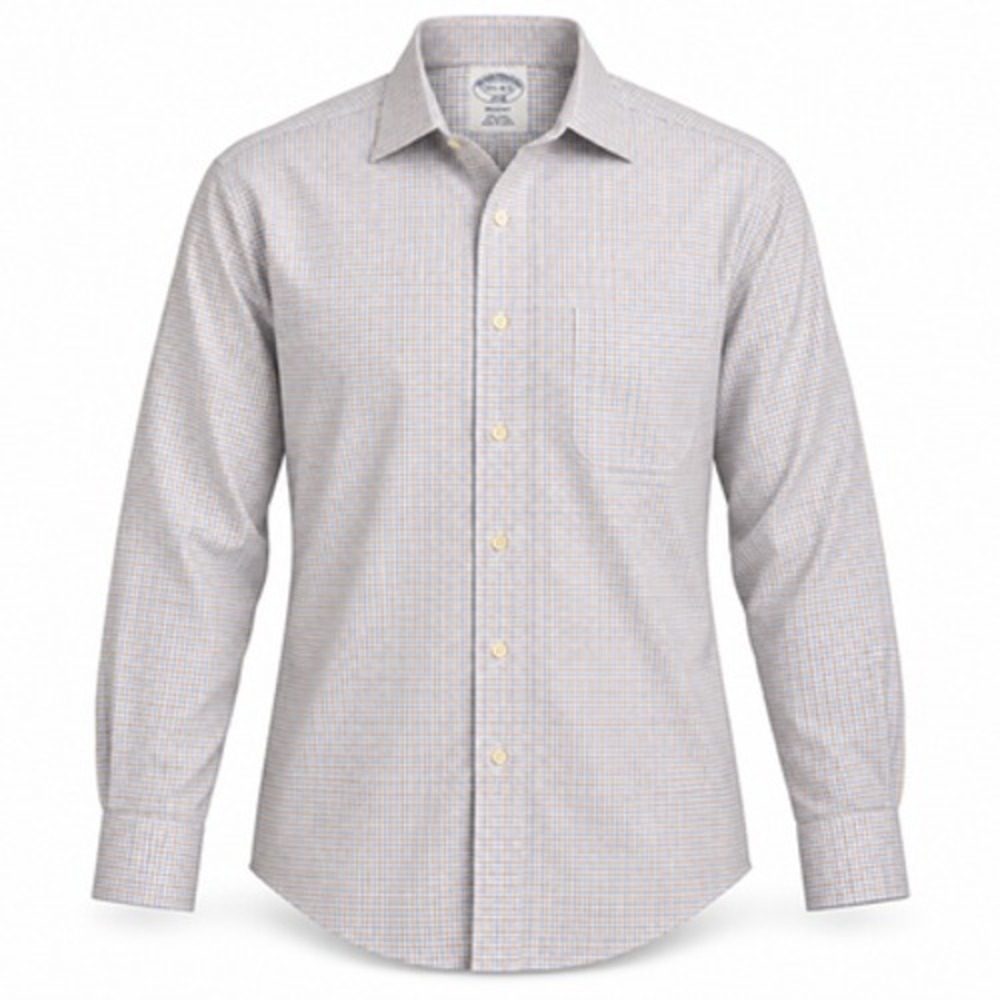 Brooks Brothers Shirt Mens 15.5 34/35 Regent Non Iron Blue Tan Check Cotton
